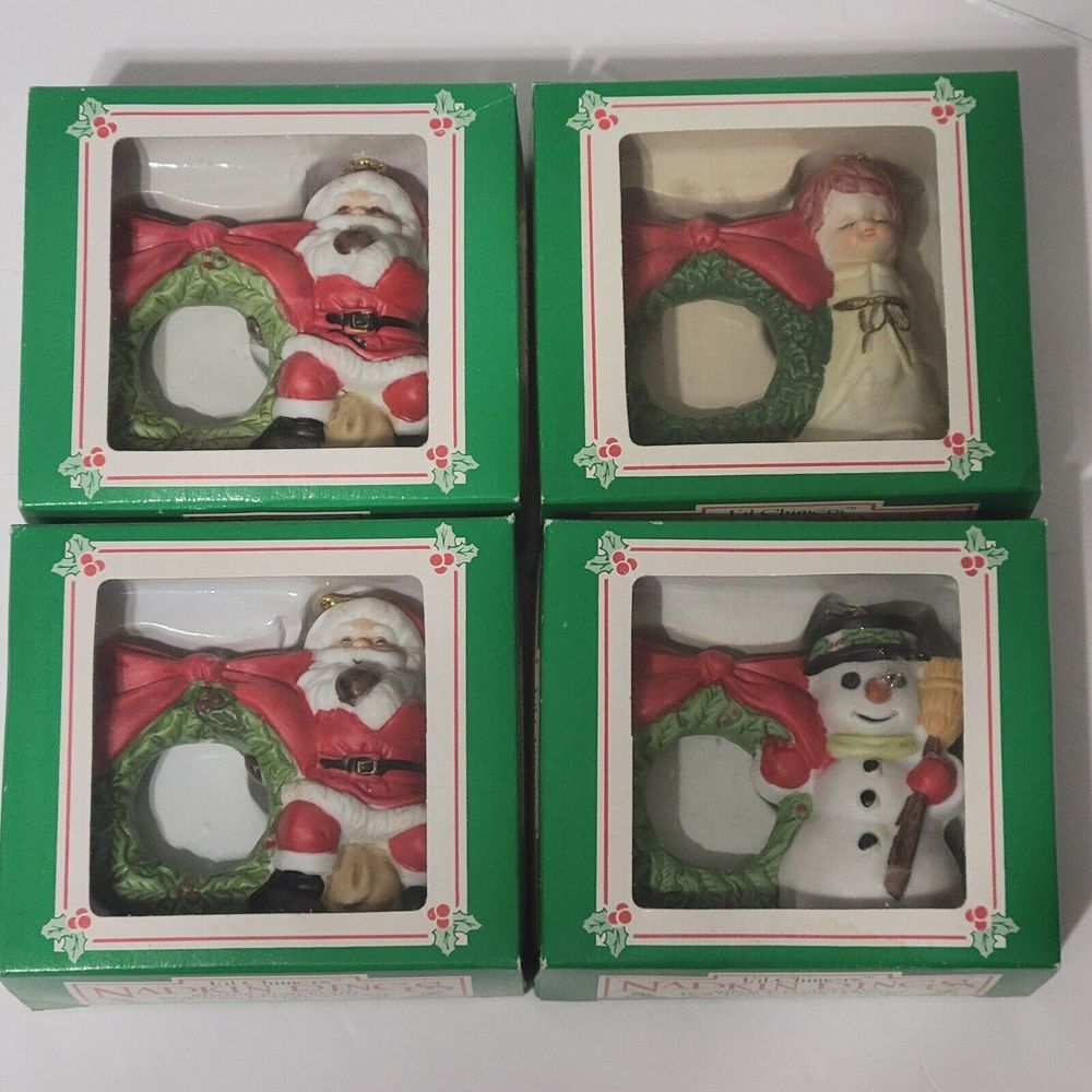 Jasco Lil Chimers Christmas Porcelain Napkin Rings Set of 4 Angel Snowman Santa